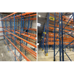 La photo montre un rack à palettes STOW robuste, conçu pour un entrepôt. Le rack est constitué de plusieurs niveaux de stockage.