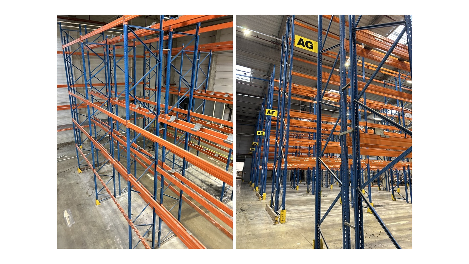 La photo montre un rack à palettes STOW robuste, conçu pour un entrepôt. Le rack est constitué de plusieurs niveaux de stockage.