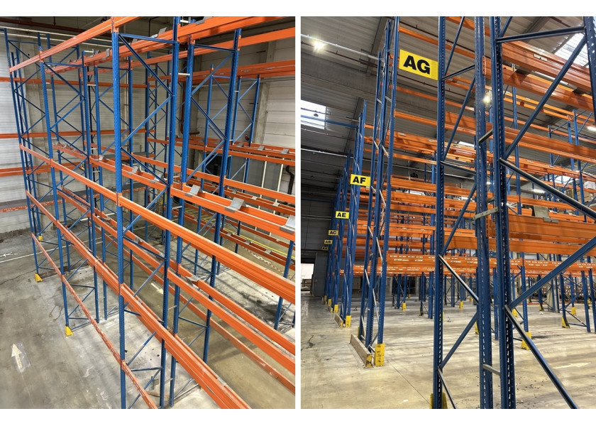 La photo montre un rack à palettes STOW robuste, conçu pour un entrepôt. Le rack est constitué de plusieurs niveaux de stockage.