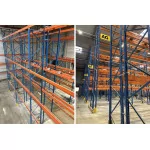 La photo montre un rack à palettes STOW robuste, conçu pour un entrepôt. Le rack est constitué de plusieurs niveaux de stockage.